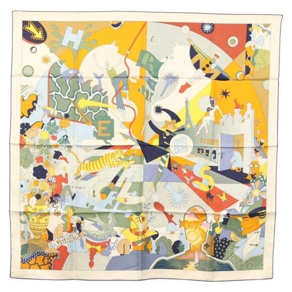 HERMES Carre 90 Scarf ""CA DECOIFFE!"" Silk Beige Auth 137450M - Picture 1 of 13